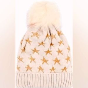 🎀5 for $35 NWT Hat light pink gold stars faux fur ball  fuzzy lining winter